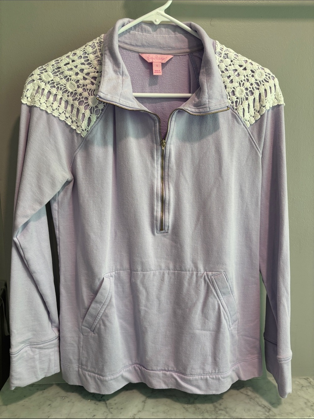 Lilly Pulitzer Lavender Half-Zip Sweatshirt with White Crochet Shoulders